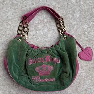 Vintage Juicy Couture Green and pink Velour Shoulder Bag Y2K